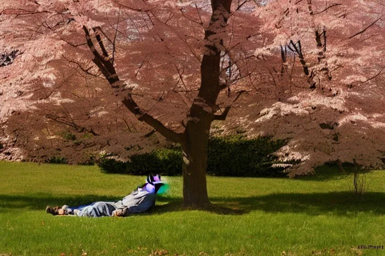 old man sleeping by maple tree