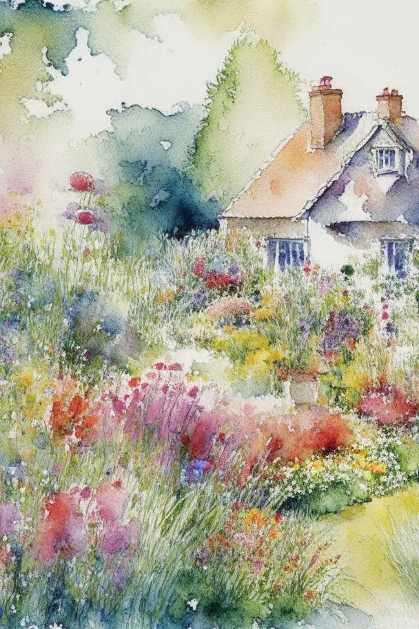 abstract watercolour english cottage garden in the style of jean haines, centred