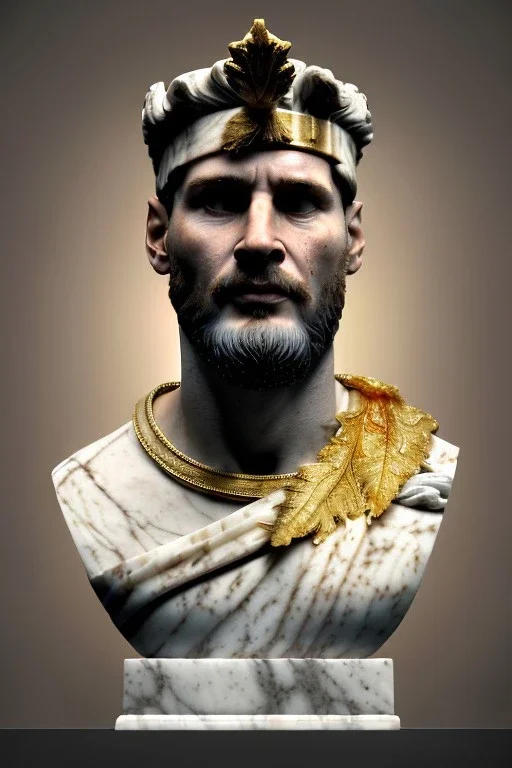 Realistic image, Roman sculpture made in white marble with gold veins, Lionel messi with gold laurel leaves crown, decorative star on the chest, waist up portrait, marble material, gold ornaments, Baroque style, sun rays background, epic, celestial, cinematic lighting, God lights, 4k resolution, smooth details, soft lighting, unreal engine 5, art station, substance 3d.