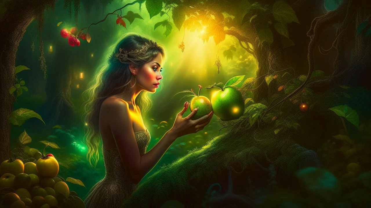 Masterpiece, Fairytale Atmosphere, Haze, Textured Oil Painting with Visible Brushstrokes, Eve in Leafy Clothing in the Garden of Eden Reaches for an Apple, A Serpent Perched on an Apple Tree Branch, Detailed and Effective Lighting Creates a Magical, Fairytale Picture. Detailed and Effective Lighting Creates a Magical, Fairytale Image. Realistic, Volumetric Lighting, Mixed Media, Surreal Futuristic Portrait, Glow, Textured, 3D, 8K, Best Quality, Fine Art, High Detail, Hyperrealism, High Resolutio