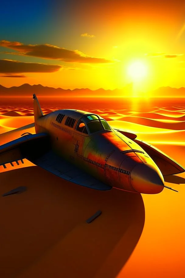 A WWII an army airplane fighter crashed in realistic desert with sand dunes and a sunset