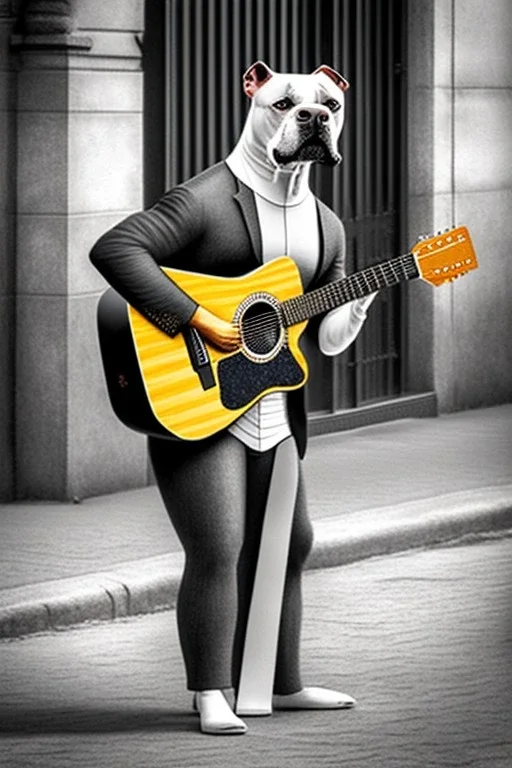 One single mature Staffordshire terrier, friendly, playing guitar in the street , Vienna, opera, sunny day, model style, hyper realistic, extremely accurate, delicate, extremely detailed, Graphic novel style, wide-angle, open aperture, superfine pencil