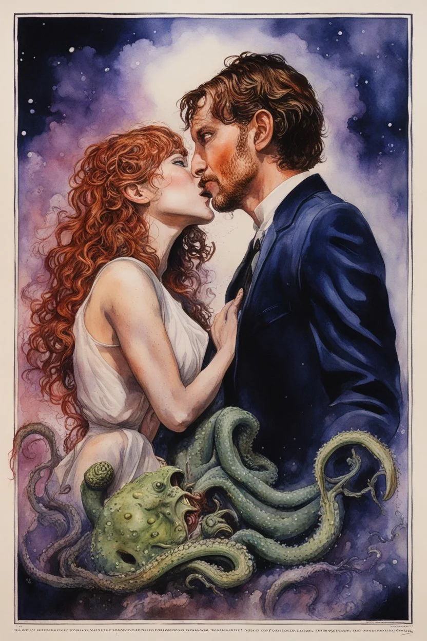 Dramatic watercolor and ink, movie poster for "MY CTHUHLU ROMANCE", modern Movie Poster style of Drew Struzan, Eldritch Rom-com, Lovecraftian romance, tentacle kiss, masterpiece of art portrait, techniques used: sfumato, dramatic, sardonic humor, complex contrast, dynamic composition