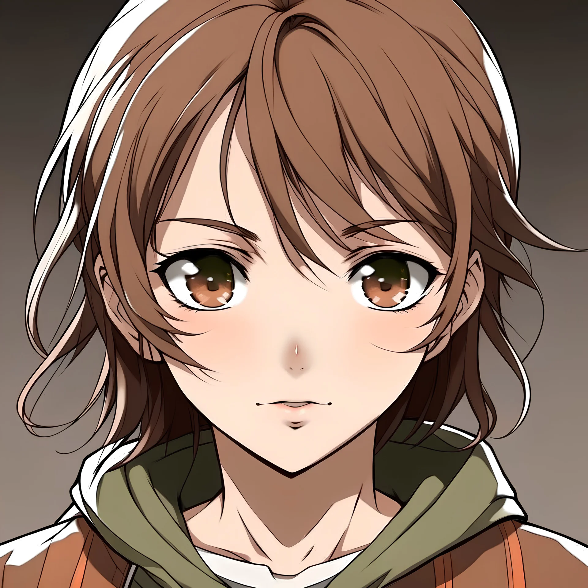 Tomboyish teenage girl, ash brown hair, brown eyes, anime style, front facing, looking into camera,