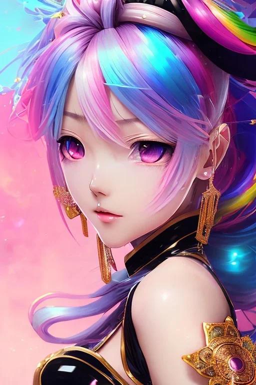 Detailed cute anime Kunoichi girl, rainbow hair buns, rainbow bangs, black latex bodysuit, intricate details, full body portrait, keep head in frame, slight smile, black Japanese motif, concept art, highly detailed, digital painting, concept art, sharp focus, illustration, art by Yoji Shinkawa, WLOP and greg rutkowski and alphonse mucha and artgerm and yanjun Chen and Junji ito and Makoto Shinkai, HDR, octane render