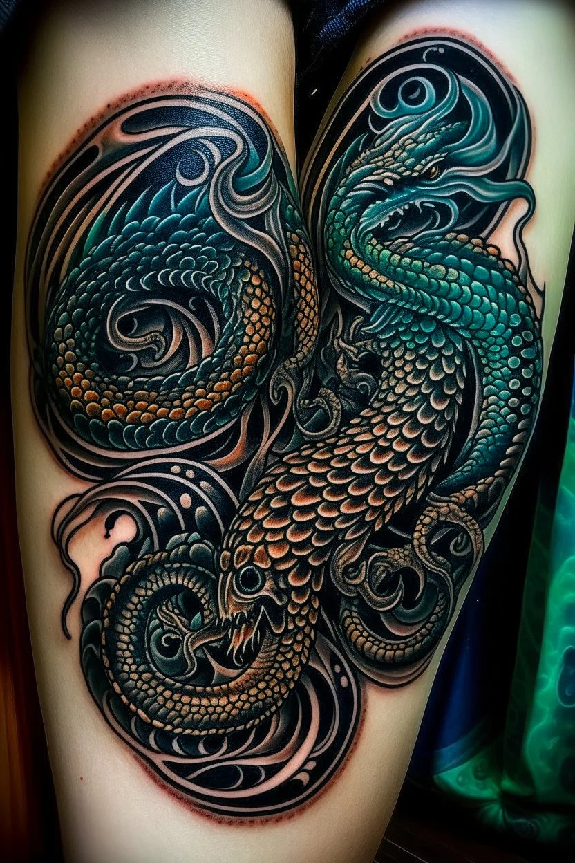 thigh stylized dragon tatoo, stylized snake tatoo wrapped in the things, leg focus, thigh focus