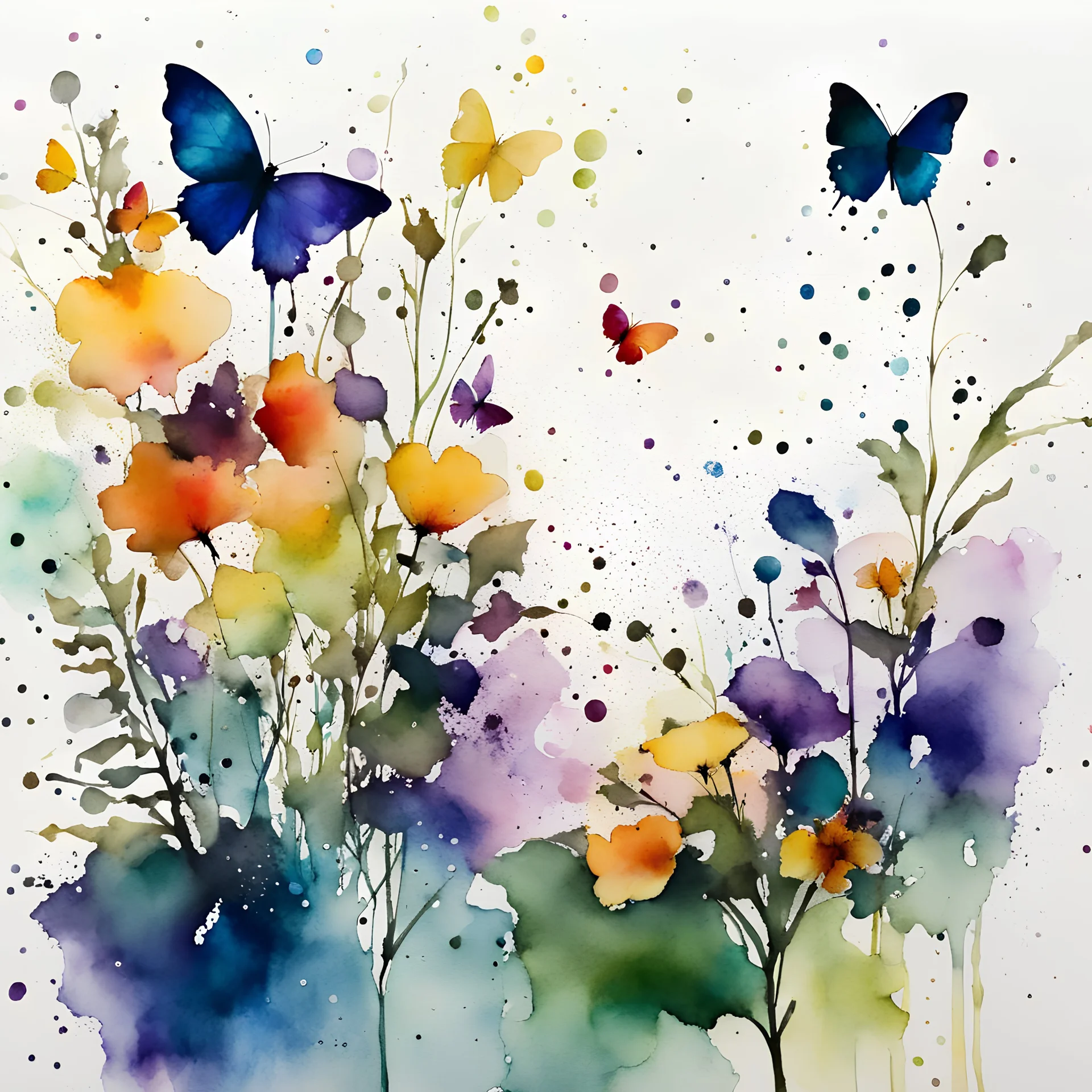 watercolor and alcohol ink, botanical, small flowers at bottom left, scattered butterflies and ink drops, white background, minimal