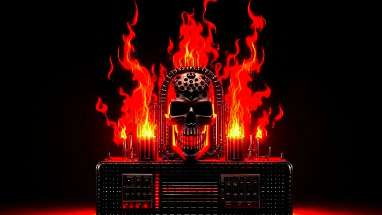 4K. REALISTIC FULL DETAILS. LOGO EMISSION DE RADIO HARDROCK FIRESTARTER TERMINATOR. FLAMMES EN FOND D IMAGE