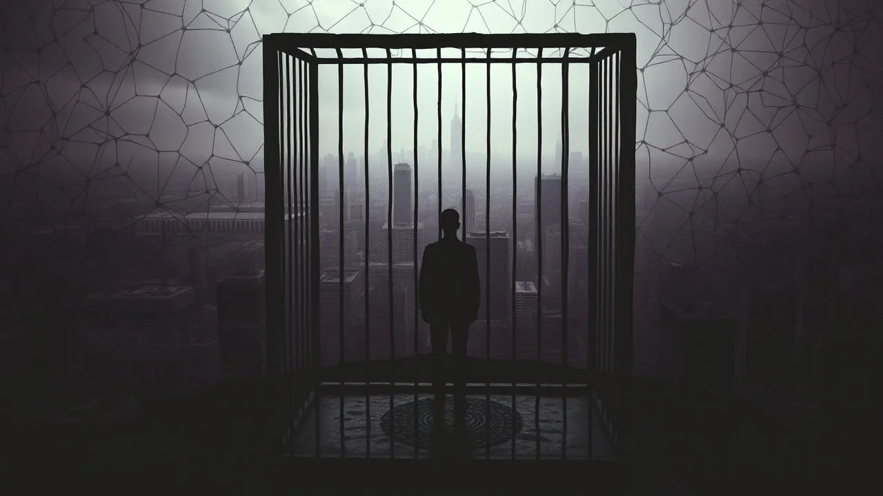 inner stands a human figure alone in an cube like cage with dense bars , in outside around in the distance big landscape with big city and many fade human figures in the city, dark purple, gray, black, white, brown. Whimsical style and surreal vibe, lonely with neuron network background, surreal stunning vibe