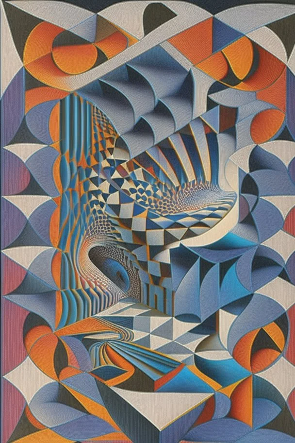 Mischievous Muse; op art; symbolism, precisionism, MC Escher, intricately detailed, elegant, colorful, attractive, evocative