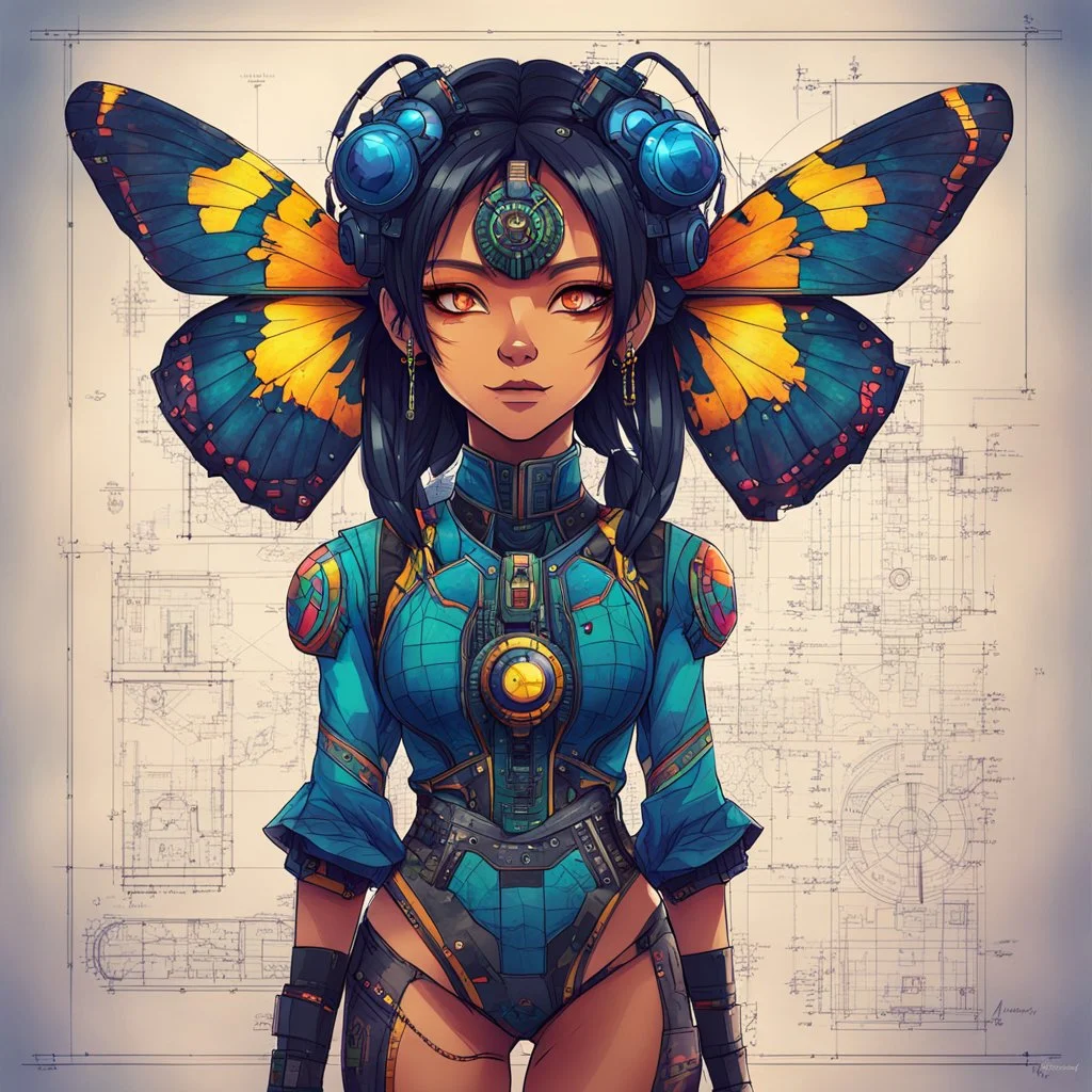 full body portrait illustration , with detailed blueprints and engineering schematics of a walking hybrid Madagascan sunset moth insect girl, in anime style, with highly detailed facial features, drawings, and technical notation, 8k, vibrant natural colors