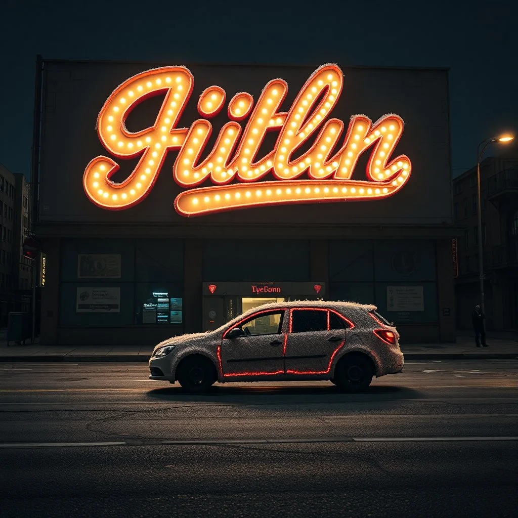 Giant advertisings on giin an odd script, made of cake-frosting and felt, volumetric light, hypermaximalist, night, nightmare, fun, 3d, odd logo, persone, auto, chaos