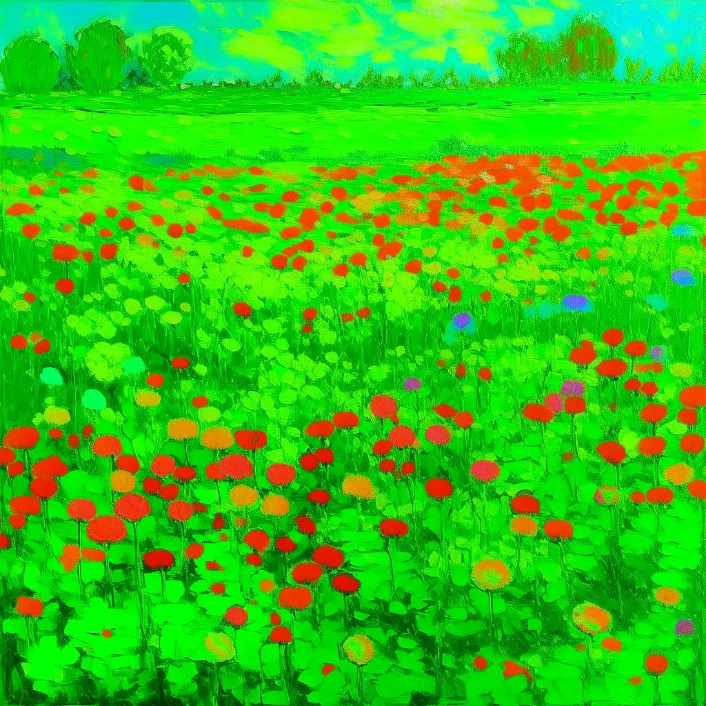 A neon green field with copied flowers painted by Claude Monet