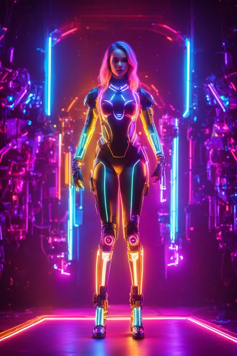 Photography Beautiful dj woman with fullbody robotic colorsfull glowing neon,light shining neons colorfull background