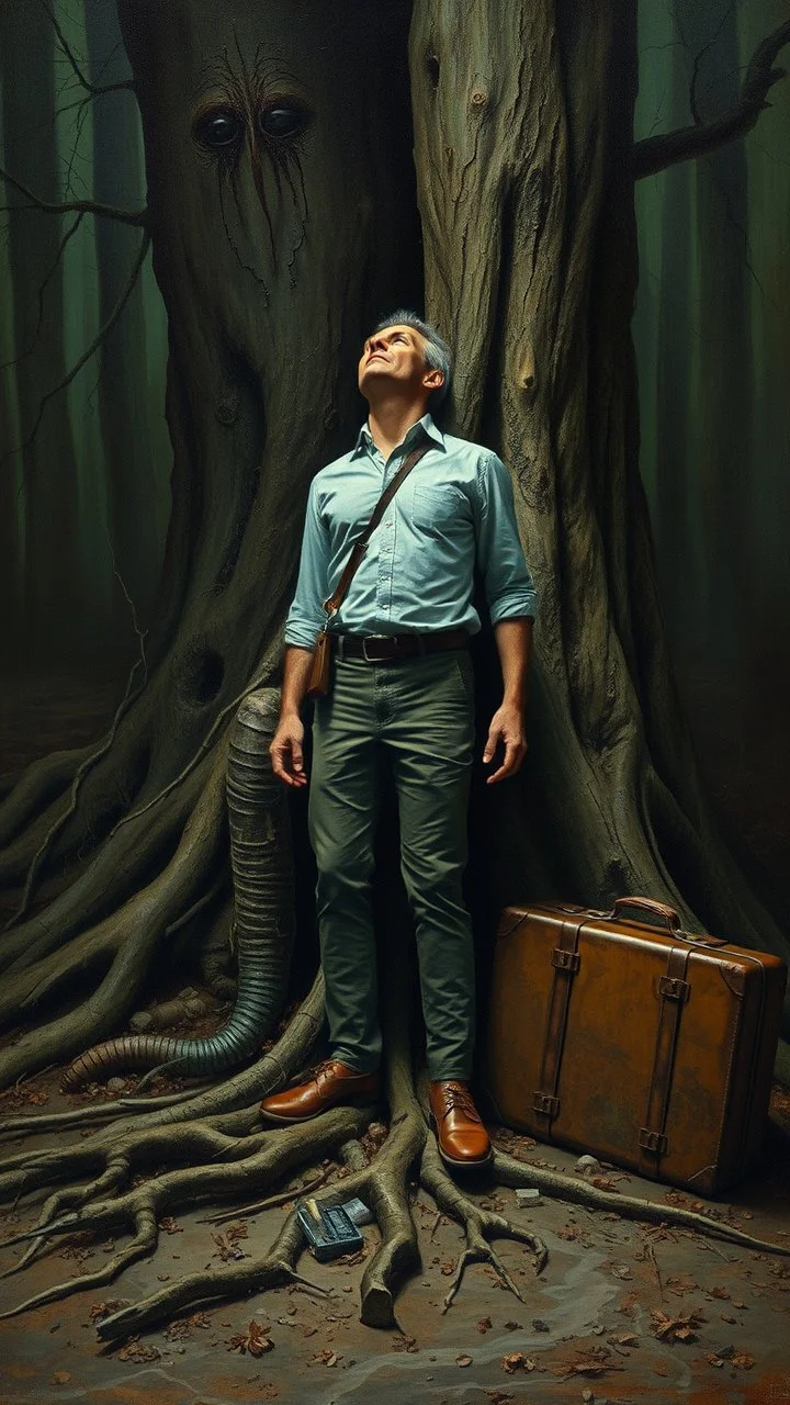 Bosch painting style nightmare, a man with only tree roots legs planted in the ground and head looking up , beside him an old travelers suitcase , dramatic sad scene, fantasy, scary.