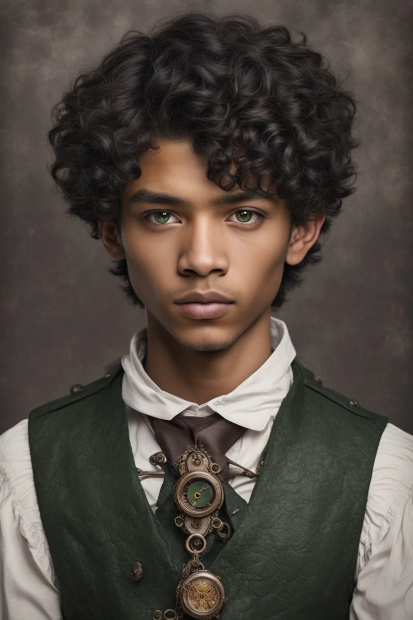 mulatto sorcerer boy of fifteen years old, green eyes, short wavy black hair, dressed in a steampunk style