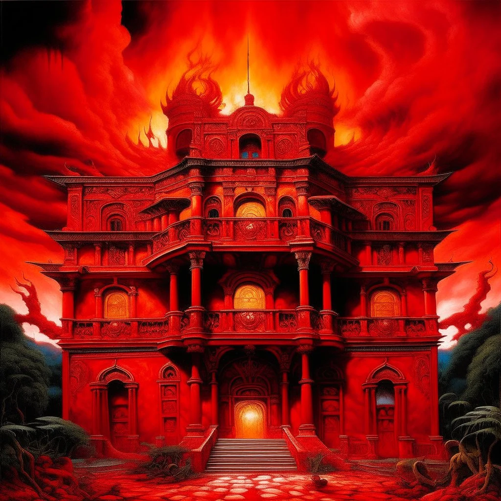 A red fiery palace designed in Mayan architecture painted by Alan Sorrell
