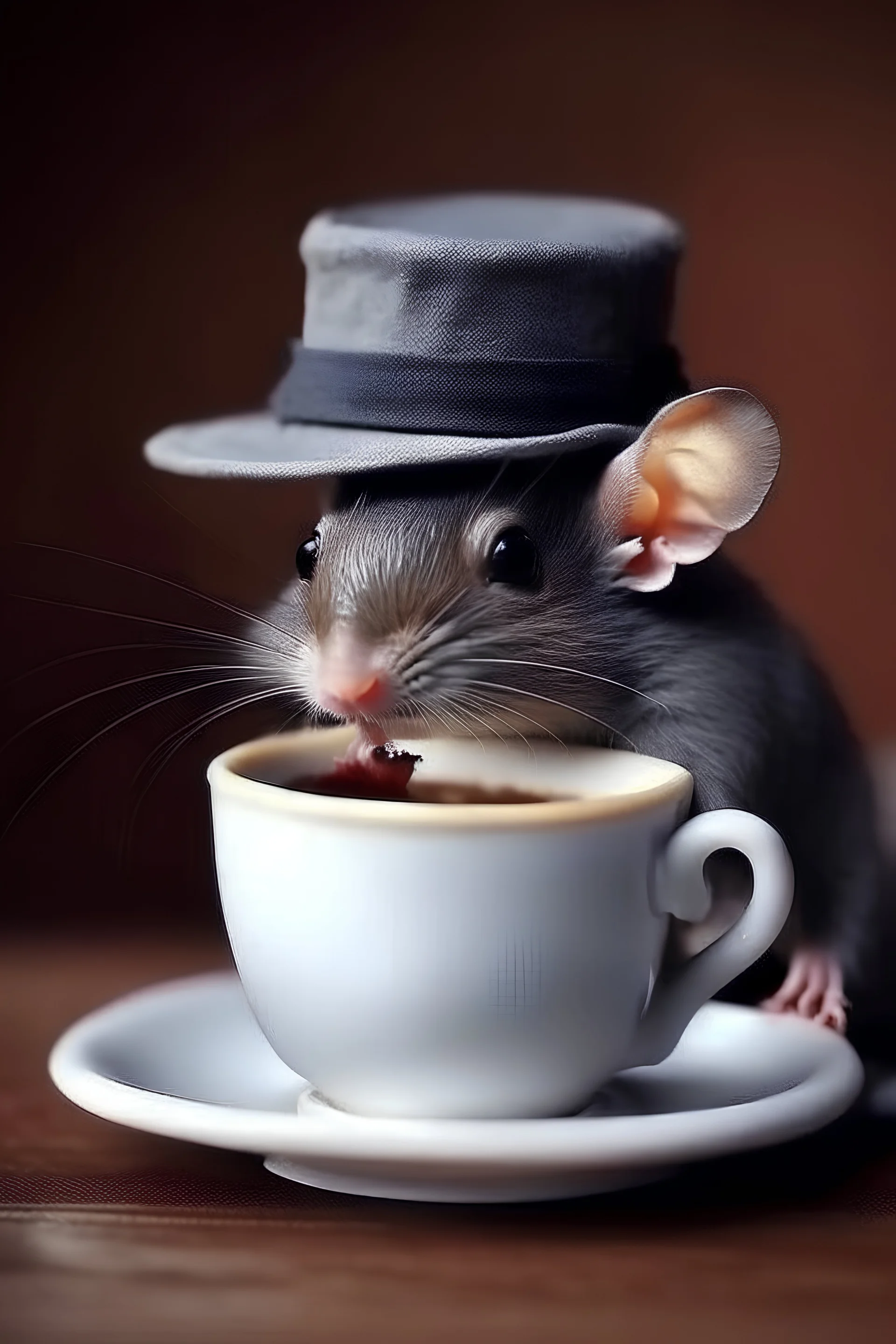 little rat in a small hat drinks coffee from a small cup