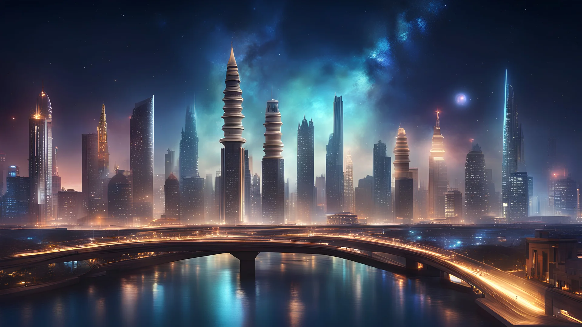 Generate a futuristic rendition of the Chennai skyline at night, with illuminated skyscrapers, glowing bridges, and sleek futuristic transportation systems and its floating in the Galaxy with islands