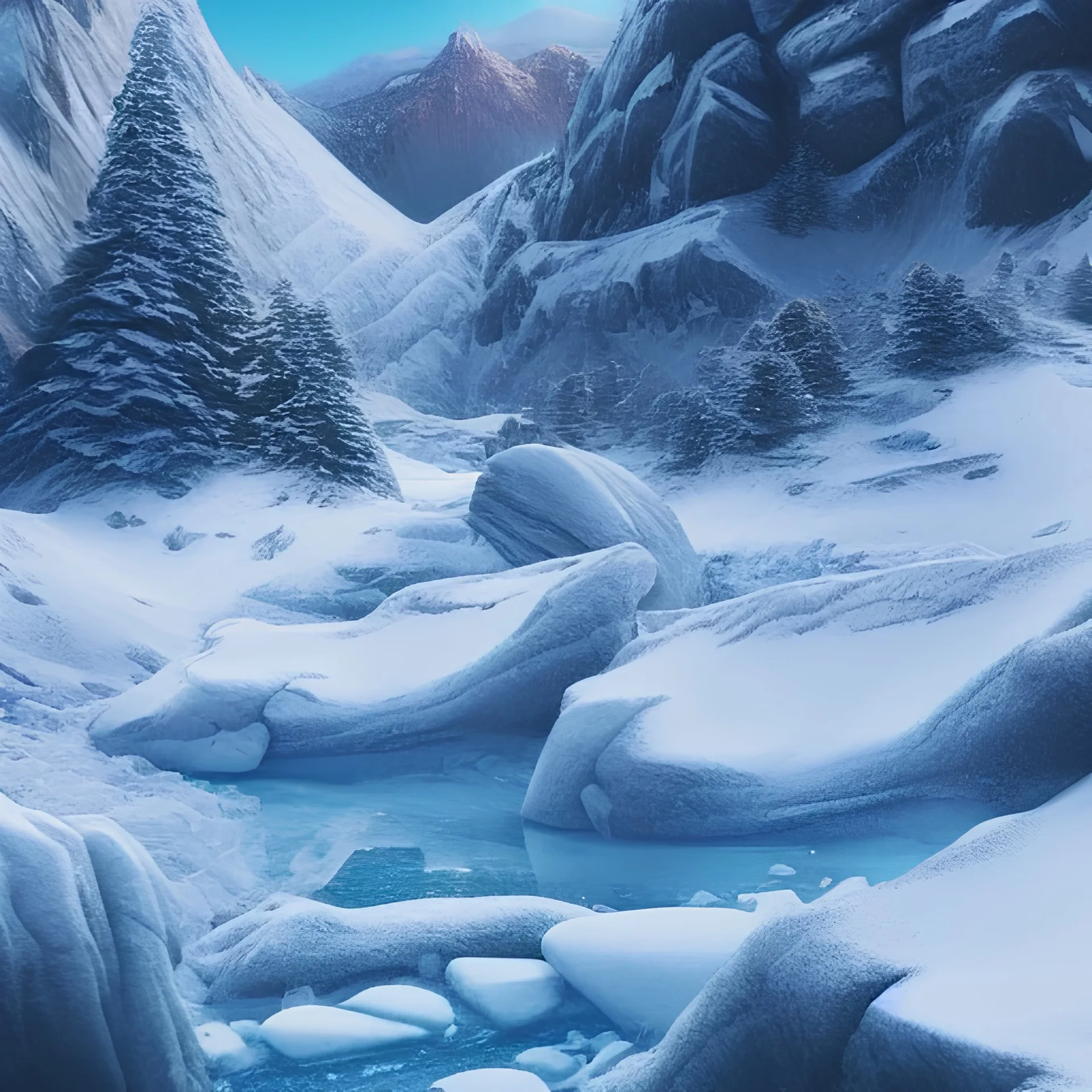 highly detailed icy mountain lake landscape, illustration, cinematic lighting, 4k, 8k, octane render, digital concept art, trending on artstation, pinterest, extremely detailed, ambient lighting.