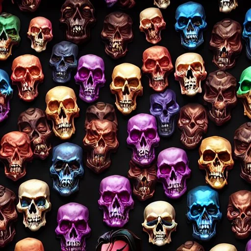 a picture of a dark, comedic, anatomically correct wall of colorful tightly packed skulls of varying sizes and expressions, photo realistic, insanely meticulous, highly detailed, part of a collection of bones on display, 64k, dystopian, vray