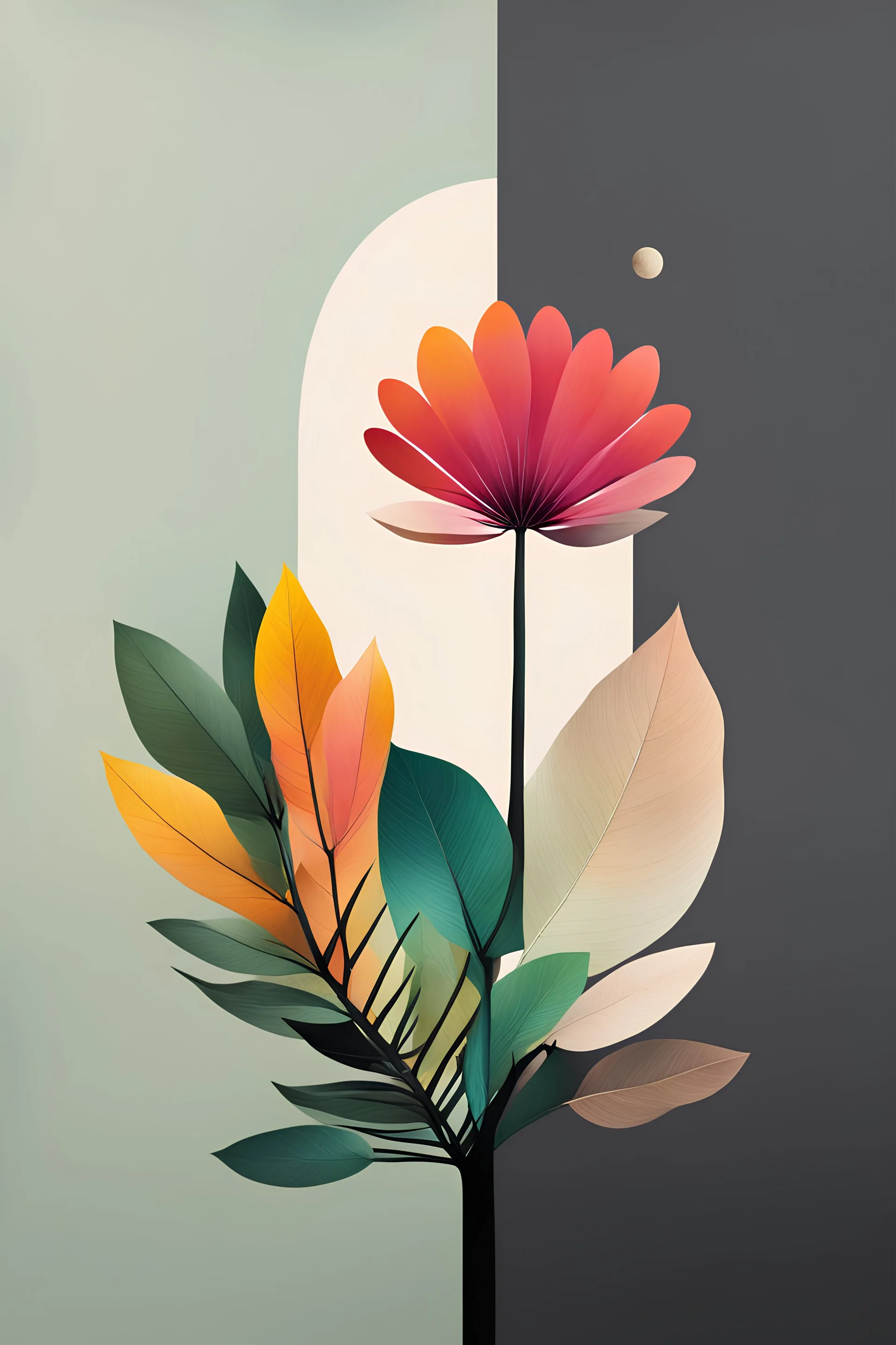 Digital Harmony" - Explore the relationship between technology and nature in a minimalist artwork that juxtaposes digital elements with natural forms, vibrant rich colors with dark shades