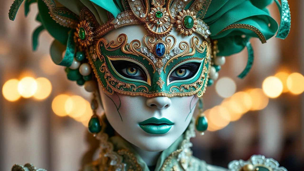 Beautiful faced italiwoman portrait adorned with baroque palimpsest carnival of venice style costume and masque ribbed with green obsidian, blue onix, light beige egg shell colour and Golden bioluminescense baroque palimpsest mineral stones and malachite stone masque and costume white Gloss glittering Golden and white and malachite green makeup on baroque palimpsest organic bio spinal ribbed detail. Of carnival of venice bokeh background with lights extremely detailed hyperrealistic maximálist