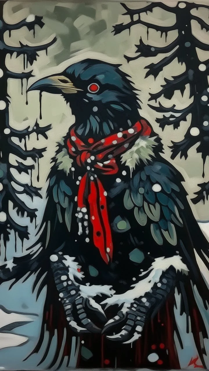 A painting by Miyazaki and Matisse of a human-like crow adorned in a punk leather jacket within a snowy Christmas atmosphere.