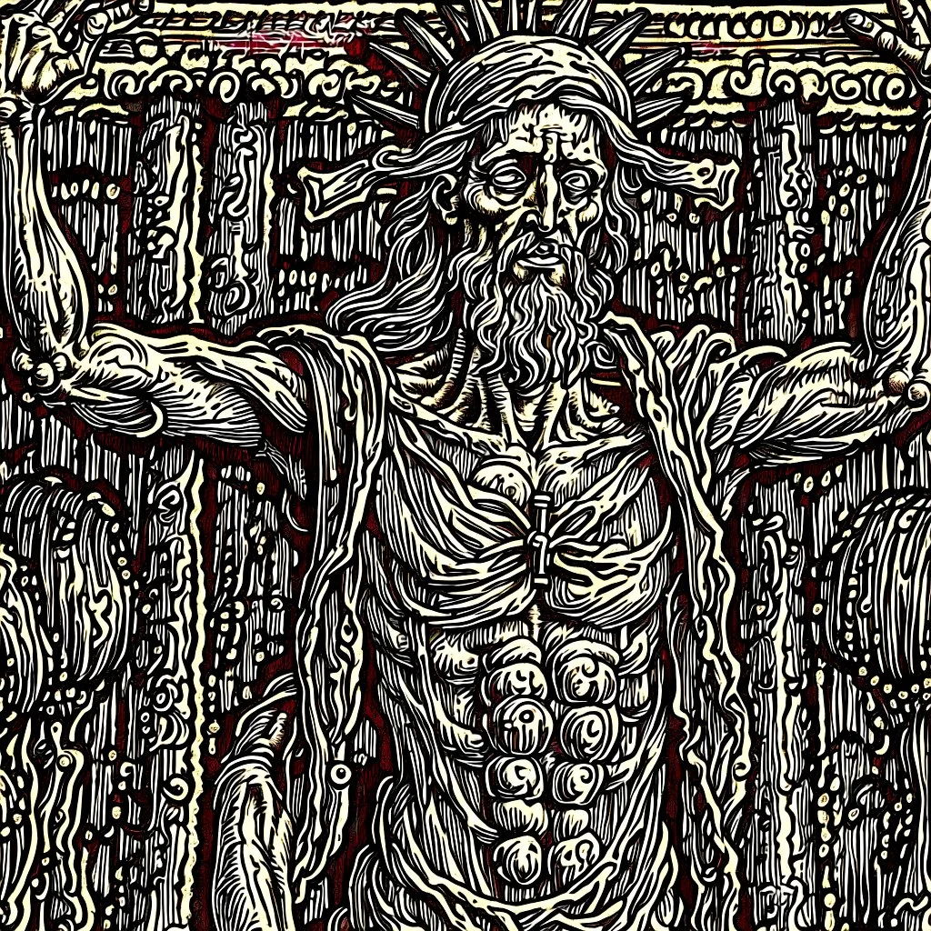 crucified on the cross christ liberty hybrid tone, woodcut, engraved, wall street journal style, statue of cruicified Jesus of Liberty with a beard and wearing a cross and hanging from a cross, The statue male, hyperdetailed intricately detailed photoillustration ink drawing dystopian 8k resolution entire body of the statue is in the picture. digital illustration telephoto lens photography , same colors as the us treasury's one dollar bill, crucified"