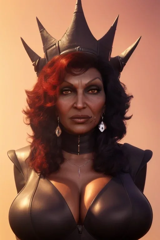 Pam Grier as evil queen in black leather, leather, busty, cleavage, angry, stern look. character design by cory loftis, fenghua zhong, ryohei hase, ismail inceoglu and ruan jia. unreal engine 5, artistic lighting, highly detailed, photorealistic, fantasy