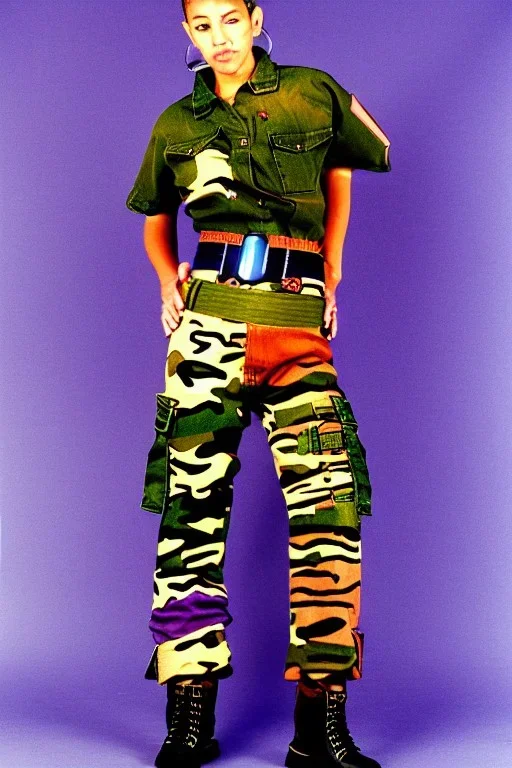 year 1997 denim fashion, Techno, "combat pants", cargo, Loose fit, low waist, baggy. Colors: denim blue, blue, purple, khaki, light green, lilac, plum, orange, terracotta, red, pink, dark blue, beige. Patterns: lynx, balls, stripes. lynx belt. Something between camouflage and cheetah prints. Women models. Sharon Stone, Sandra Bullock, Winona Ryder, Milla Jovovich, Big tennis shoes on. Latex in small part, areas, clothes..Combat pants. Leg warmers.