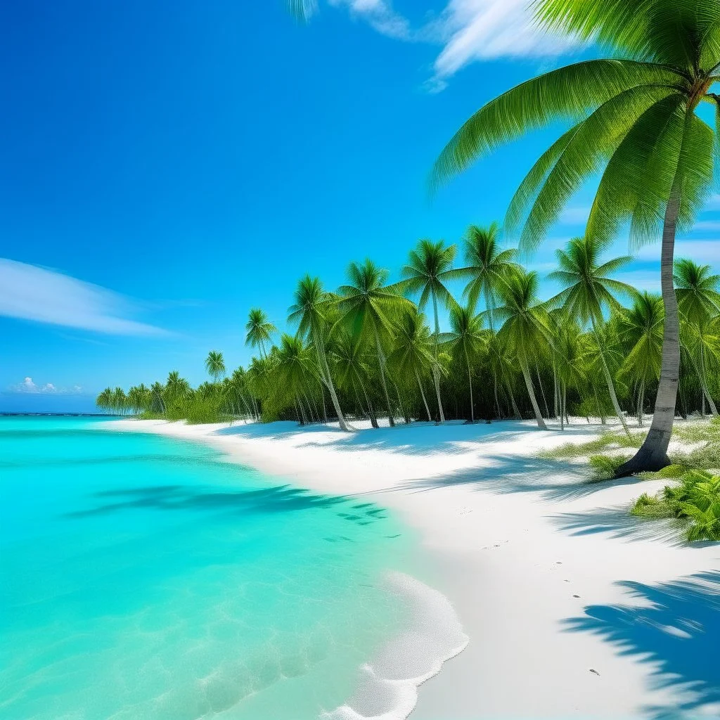 A pristine tropical island with palm trees, crystal-clear turquoise waters, and a deserted white-sand beach.
