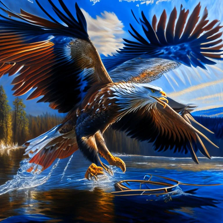 Aguila pescadora con pez salmón grande en sus garras, intrincada, hiperdetallada, pintura al óleo, renacentista fotorrealista, colores contrastantes, sombras, clima soleado, cielo azul claro, 8k