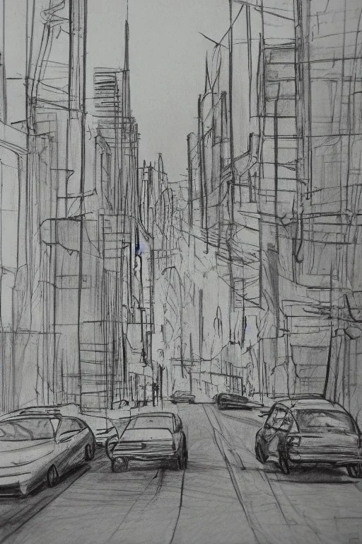 Pencil sketch of A car stops on an empty street, a traffic light, It's raining hard, night , houses on the side ، on lined paper