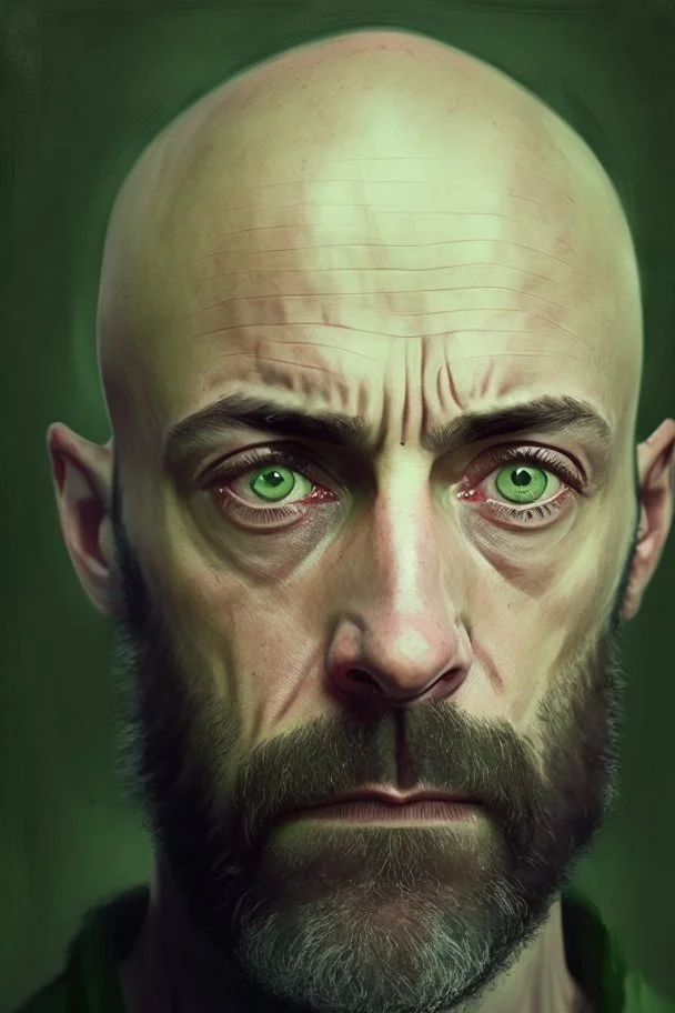 Portrait of a bald man, unkempt beard, dark circles, green eyes, distracted and nervous look