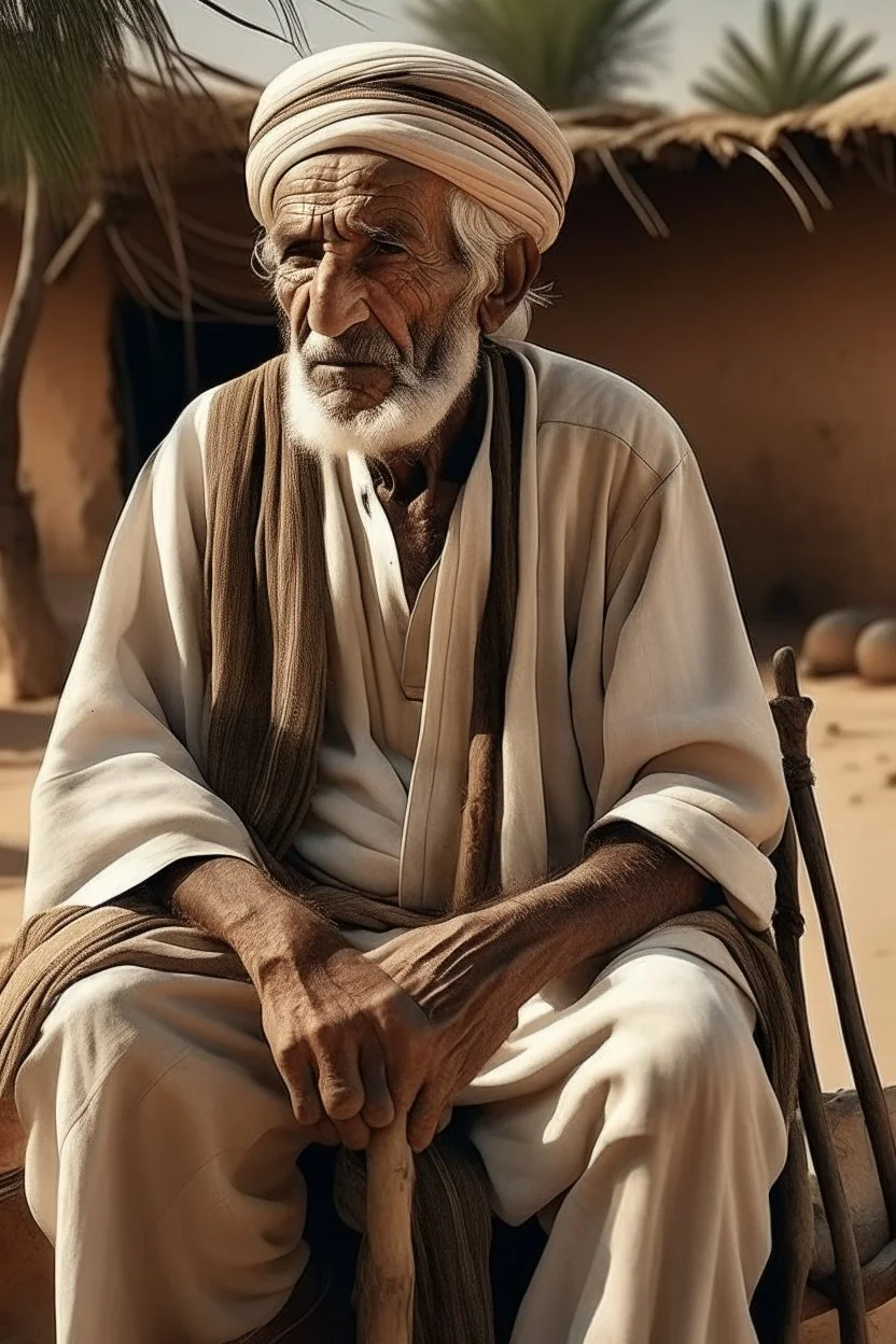 Old man, Arab, turban, white clothes, cattle, desert, council, sun, palm trees, mud houses, holding a stick, looking forward, a very slight smile.,Sitting on a chair,long beard