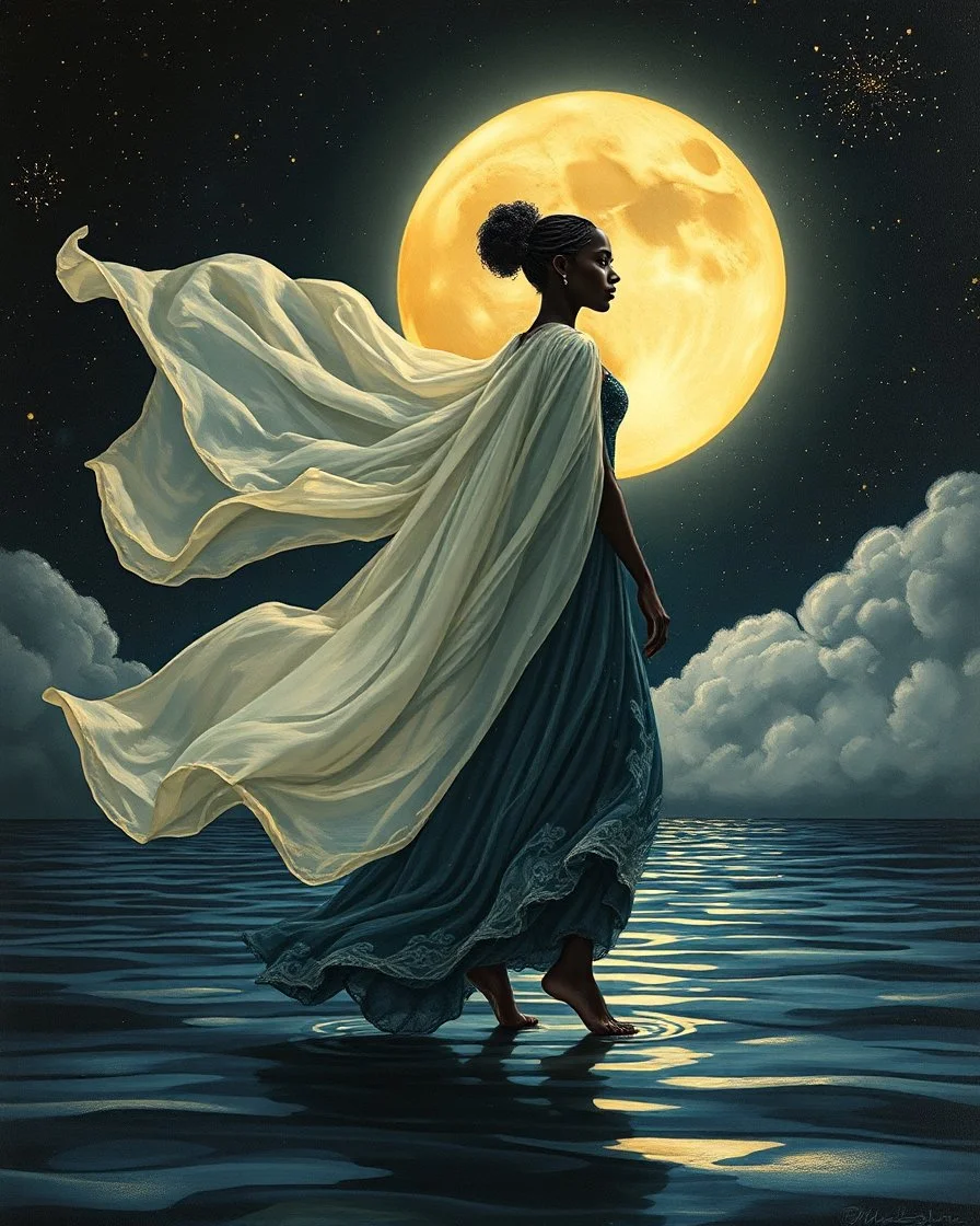 No corners drawing lines dots Kandinsky A full-body pretty African Asian moon goddess draped in flowing celestial fabric walks on water beneath a glowing full moon. Her gown unfurls like clouds, catching starlight and golden dust in the night air. The scene is surreal and divine, with painterly textures and a balance of shadow and illumination vertical Award winning imagery trompe l'oeil 3D surrealism masterpiece of Odilon Redon's dreamlike surrealism. kintsugi painting of abstract squares creat