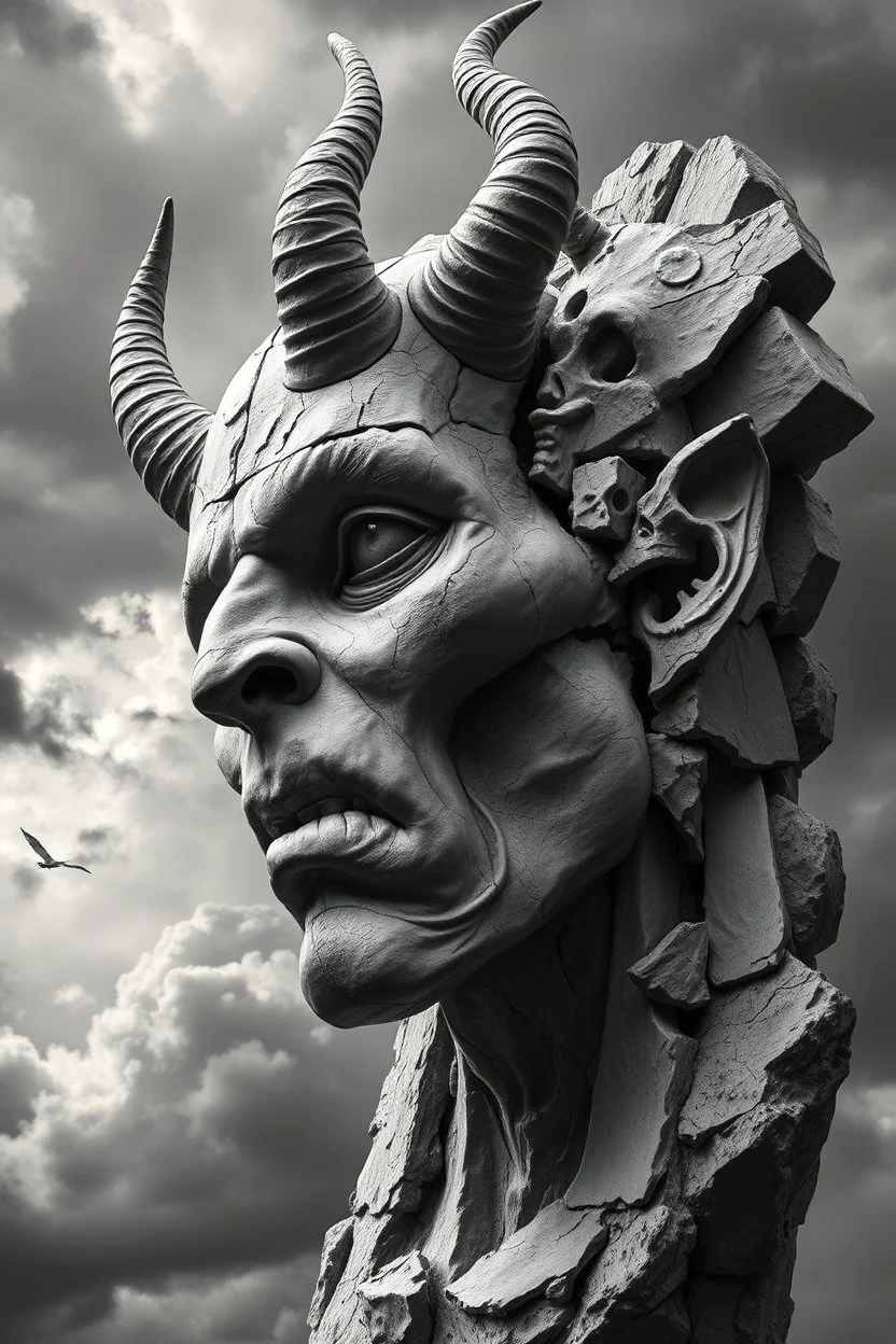 surrealis monochrome A fragmented, surreal sculpture liguid color of photorealistic image 3d,psychedelic art glossy emerging from devilish a crumbling face of a hero, The face appear and intricate details, evoking a haunting expression. set against a backdrop of stormy, cloud-filled skies. bauhaus art The overall tone is dark and moody, suggesting themes of decay and transformation.