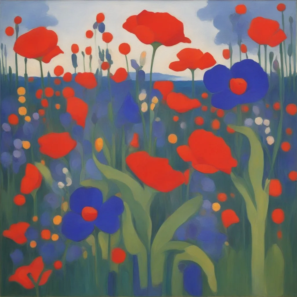 blooming garden of poppies and iris Painting in Bosch painting art style painted by Patrick heron , source pinterest , singulart or devian art