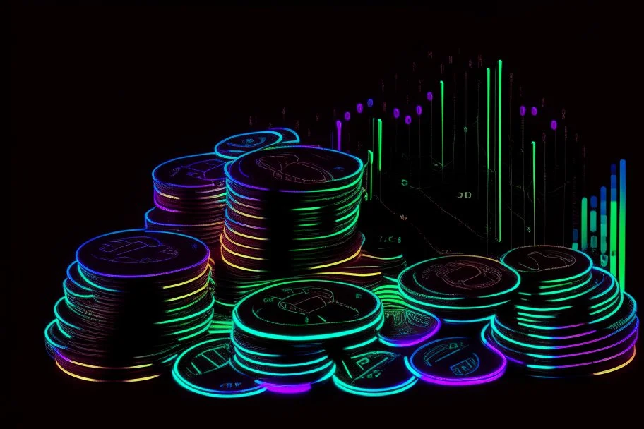 black background, outlines of a holographic pile of coins, chart drawn from thin neon-coloured glowing lines