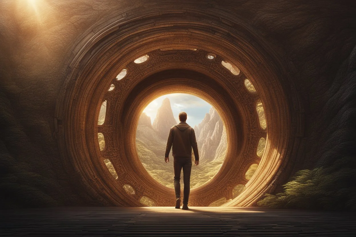 a man moving through a portal, photorealistic, Detailed Matte Painting, Deep Colour, Fantastical, Intricate Detail, sunshine