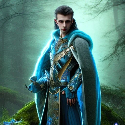 crazy detail, magical forest background, waterfall, blue but cloudy skies,close up of body of cute dark male vampire poet wearing soft robes and blue gloves,dark stone statue, lively eyes,hidden hands, framed by foliage, shiny eyes, holding up scroll