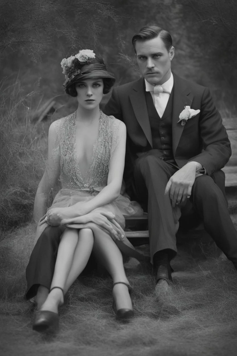 Black and white photo of a serious couple sitting for portrait shoot in the 1920s