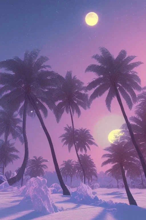 1980's aesthetic vaporwave palm trees with lighting with moon with porsche in the winter snow