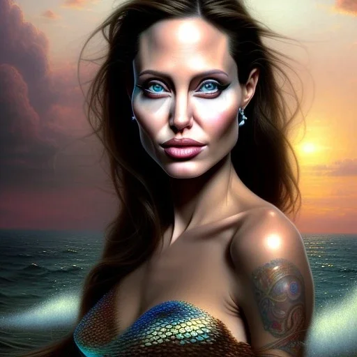 A beautiful portrait of Angelina Jolie as a mermaid , leaning on a ships deck ,Rough sea in the background, (digitall art by Eugene de Blaas and Ross Tran, vibrant color scheme, highly detailed, in the style of romanticism, cinematic, artstation best quality, realistic lighting, masterpiece portrait, details light dusting , cowboy shot from above, simple chain hauberk Vector art digital illustration 3D shading )