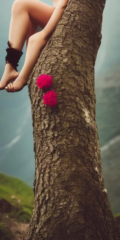 portrait of a very beautiful lady setting in the tree, sexy posture, details, texture, brown eyes, freckles, white hair, dangerous, playful, mountains, nature, flowers, fire, street style, 80s fashion, retro, classic, casual, Queen Catherine , magenta, aqua, abstract