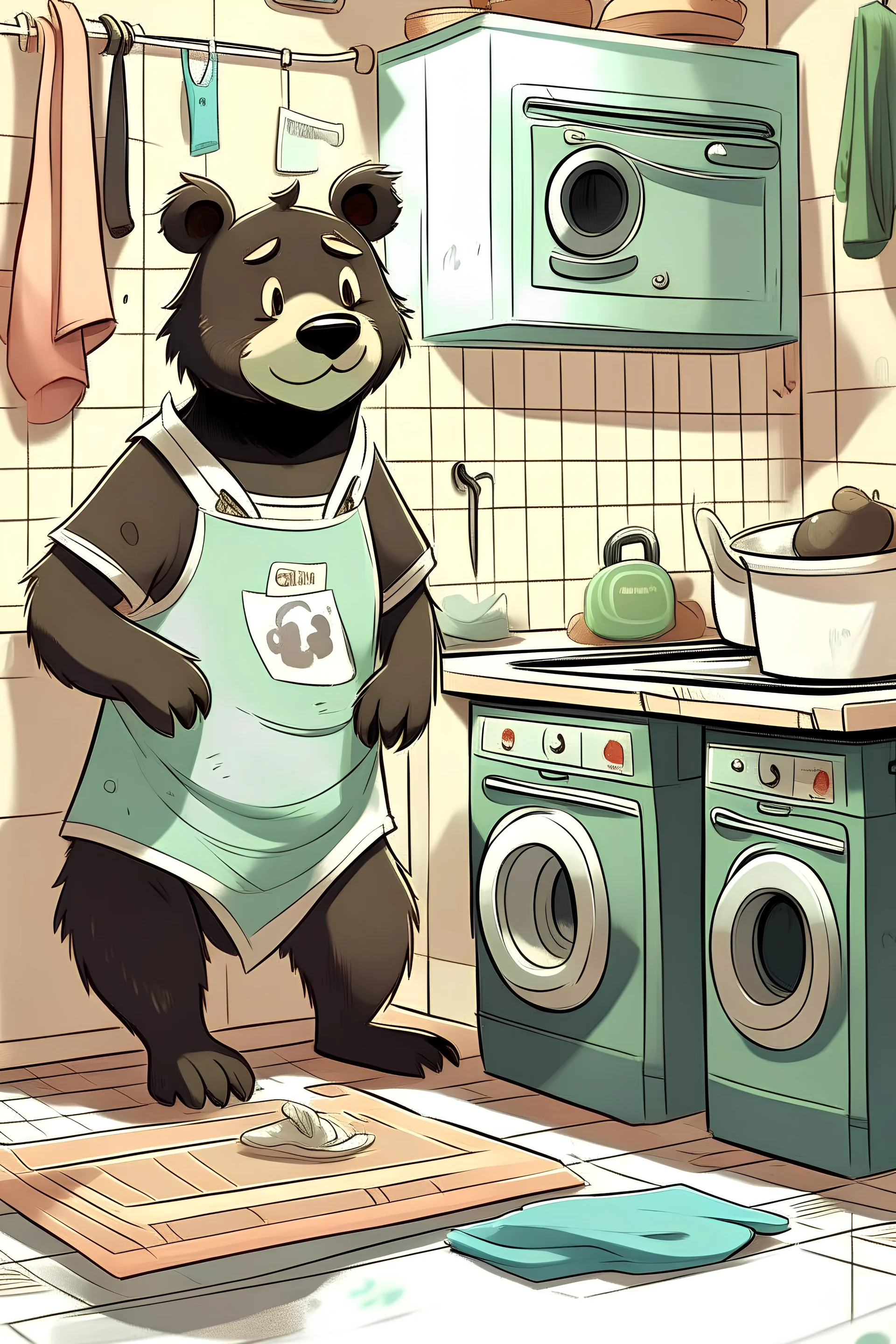 [SAFE]: motherly, anthro female black bear, full body, smiling, happy, wearing cotton sports bra, wearing cotton underpants, wearing cotton panties, in a laundry room, folding laundry, digital art, Disney.