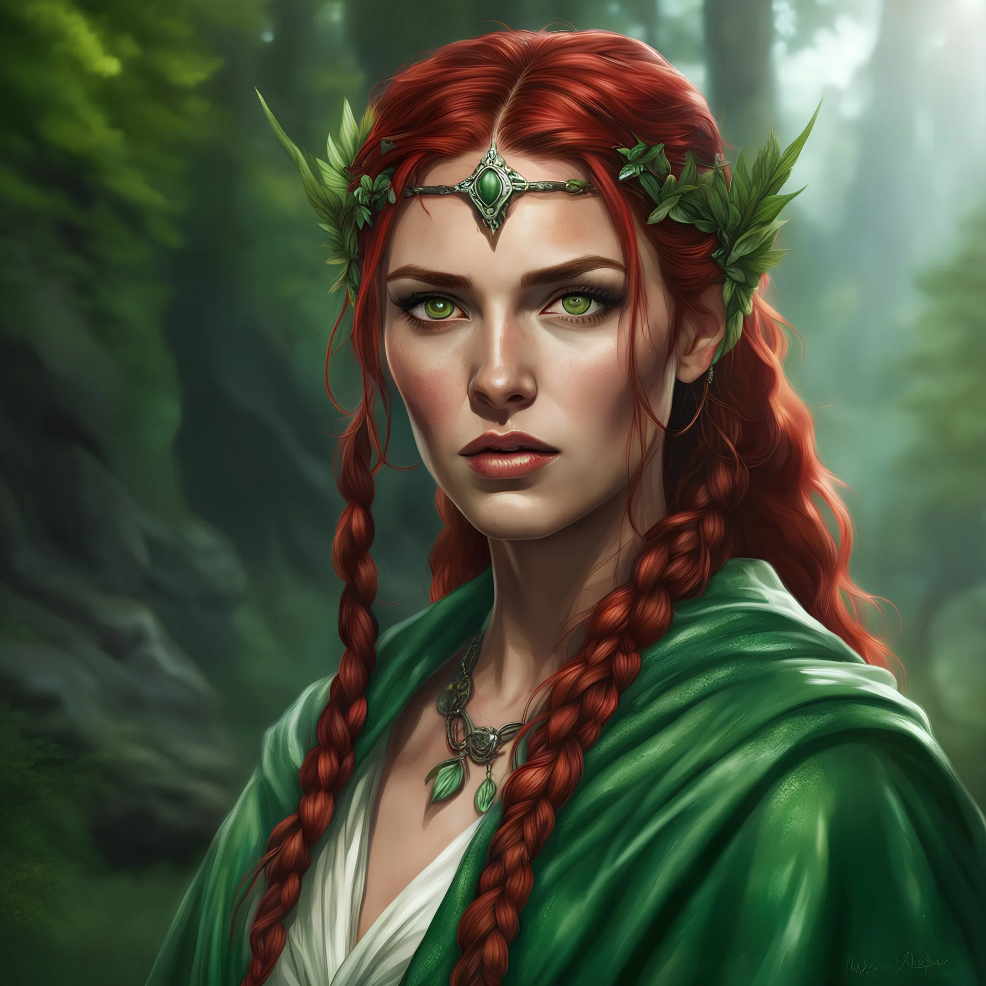 dungeons & dragons; portrait; digital art; woman in thirties; female; beautiful; dark olive skin; red hair; 2 braids; diadem; green eyes; greek robe; green clothes; bard; traveling; nature; healing; freckles; veil; cloak; soft light