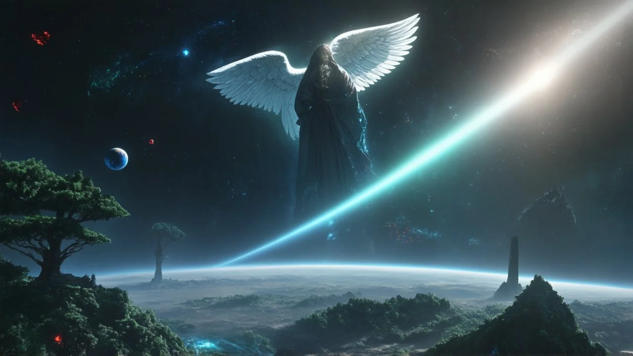 matrix, god creation, few planets on the back ground. small and large monoliths of red, blue, and green crystals of tiberium on the right side, seven space trees on the left side of the angel from the other dimensions.