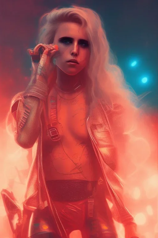 danish singer mø face, cyberpunk,orange tones, style free